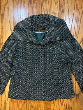 Reiss Black and White Tweed Pea Coat with Wide Collar size L wool blend jacket